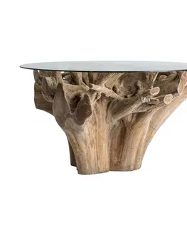 Designové a luxusní jídelní stoly Estila Exkluzivní etno jídelní stůl Haruki z teakového dřeva s kulatou skleněnou deskou 150cm