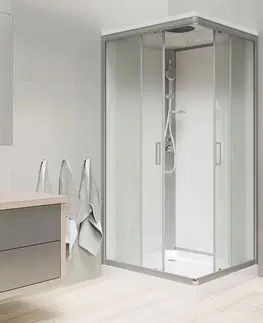 Sprchové vaničky MEREO Sprchový box, čtvercový, 90cm, satin ALU, sklo Point, zadní stěny bílé, SMC vanička, se stříškou CK34122KBSW