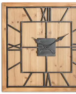 Stylové a designové hodiny Estila Industriální designové čtvercové nástěnné hodiny Faarzal na dřevěné masivní desce 60cm