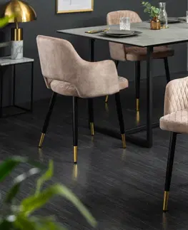 Luxusní jídelní židle Estila Art-deco židle Fribourg s béžovým sametovým potahem a černo-zlatými nohama