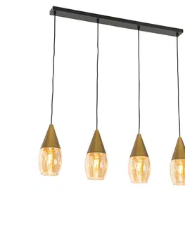 Zavesna svitidla Moderní závěsná lampa zlatá s jantarovým sklem 4-light - Drop