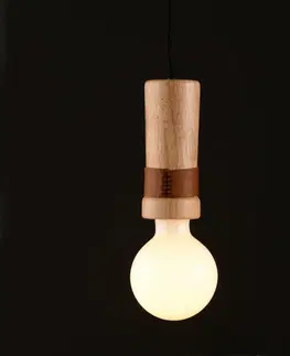 Designová závěsná svítidla ACA Lighting závěsné svítidlo 1XE27 dřevo + kůže D6XH120CM MEMPHIS OD7821P6