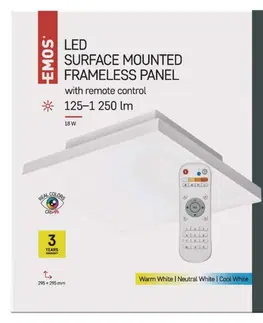 LED stropní svítidla EMOS LED přisazené svítidlo EXCLUSIVE, čtvercové 18W frameless, stmív. se změnou CCT, CRI&gt;95 ZM5181