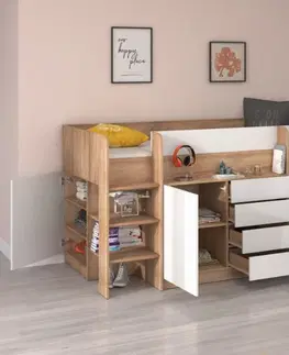 Postele ArtCross Dětská vyvýšená postel SMILE | levá barevné provedení: dub craft zlatý / dub craft bílý