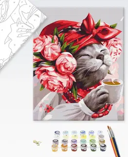 Zvířata Malování podle čísel kočka se šálkem čaje
