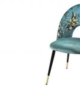 Luxusní jídelní židle Estila Stylová art deco čalouněná židle Floreque v tyrkysovém provedení s květinovým potiskem a kovovými nožičkami 83cm