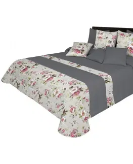 Luxusní oboustranné přehozy na postel Oboustranný přehoz v šedé barvě s potiskem romantických květin