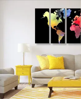 Obrazy mapy 5-dílný obraz mapa světa v akvarelový provedení na černém pozadí