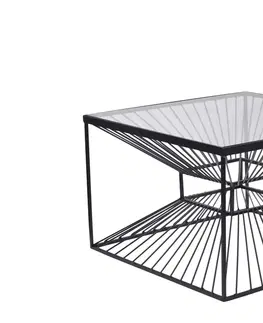 Designové a luxusní konferenční stolky Estila Industriální čtvercový konferenční stolek Esme s podstavou s kabelovým designem a skleněnou vrchní deskou černá 60 cm