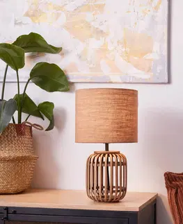 Stolní lampy Brilliant Stolní lampa Woodrow z bambusu, látkové stínidlo