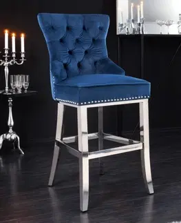 Luxusní jídelní židle Estila Sametová barokní barová židle Modern Barock v tmavě modré barvě na nerezových nožičkách 116cm