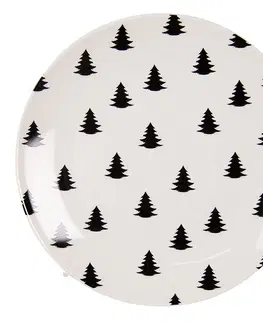 Talíře Bílo-černý porcelánový dezertní talíř se stromky Black&White X-Mas - Ø 20*2 cm Clayre & Eef BWXDP