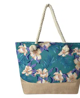 Nákupní tašky a košíky Tyrkysovo hnědá plážová taška s květy - 50*36 cm Clayre & Eef JZBG0208