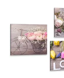 Sestavy obrazů Set obrazů něžné květinové zátiší s nápisem Love