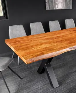 Designové a luxusní jídelní stoly Estila Masivní industriální obdélníkový jídelní stůl Mammut s akáciovou medovou hnědou deskou a překříženými nožičkami 300 cm