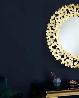 Luxusní a designová zrcadla Estila Art deco závěsné zrcadlo Flovia kulatého tvaru se zlatým kovovým rámem vytvořeným z kulatých lupenů 82cm