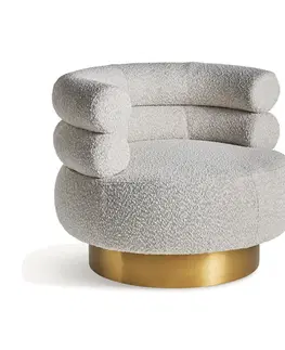 Luxusní a designová křesla a fotely Estila Luxusně Art-deco otočné křeslo Sumer s buklé čalouněním v šedo-bílé barvě na robustní zlaté podstavě 84cm