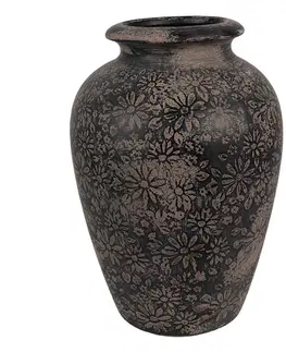Dekorativní vázy Černo-šedá keramická váza s květy - Ø 18*26 cm  Clayre & Eef 6CE1707