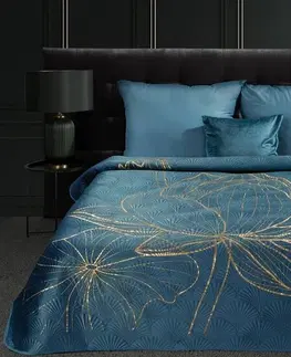 Jednobarevné přehozy na postel Designový přehoz LOTOS modrý se zlatým motivem