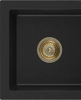Sifony k pračkám MEXEN/S Pablo granitový dřez 1-miska s odkapávačem 752 x 436 mm, černý, zlatý sifon 6510751010-77-G