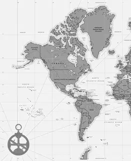 Obrazy na korku Obraz na korku stylová mapa s kompasem v černobílém provedení