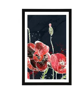 Květiny Plakát s paspartou červené máky na černém pozadí