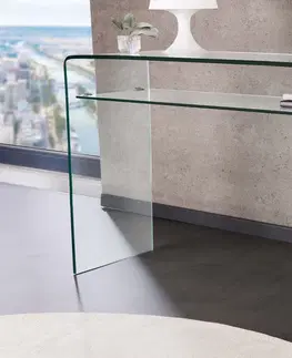 Designové a luxusní konzolové stolky Estila Moderní skleněný konzolový stolek Ghost se zaoblenými hranami a spodní policí, transparentní 100 cm