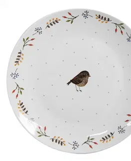 Talíře Bílý keramický dezertní talíř s motivem ptáčka Moineau - Ø 20*2 cm Clayre & Eef SPYDP