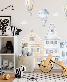 Samolepky na zeď Samolepky do dětského pokoje - Modré domy horkovzdušé balóny