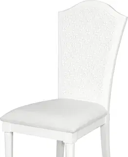 Luxusní jídelní židle Estila Rustikální bilá dřevěná jídelní židle Belliene bílé barvy s čalouněním a vyřezávaným opěradlem 105cm