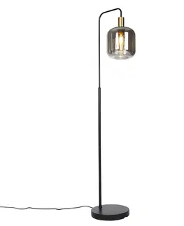 Stojaci lampy Chytrá stojací lampa černá se zlatým a kouřovým sklem včetně WiFi A60 - Zuzanna