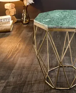 Designové a luxusní konferenční stolky Estila Art-deco příruční stolek Diamond Marble s kovovou podstavou ve zlaté barvě v provedení zelený mramor 50cm