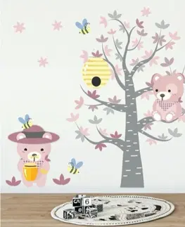 Zvířátka Krásná dětská nálepka na zeď růžové medvídci a včelky