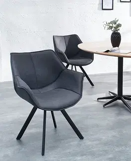 Luxusní jídelní židle Estila Industriální otočná čalouněná židle Dutch Retro s grafitovým černým potahem a zahnutými opěrkami na ruce 67 cm