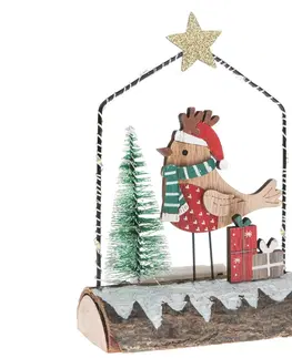 Vánoční dekorace Dřevěná dekorace s LED světlem Ptáček s dárky, 15 x 13,5 cm