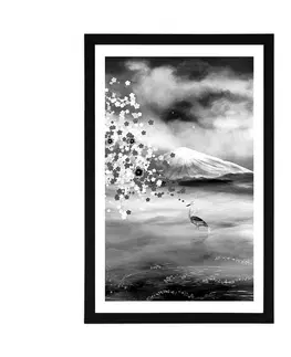 Černobílé Plakát s paspartou volavky pod magickým stromem v černobílém provedení