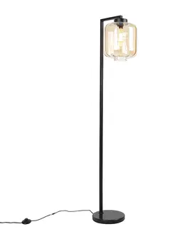 Stojaci lampy Designová stojací lampa černá s jantarovým sklem - Qara