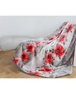Hrubé deky 160 x 210cm - akrylové Šedá teplá deka s potiskem červených květů