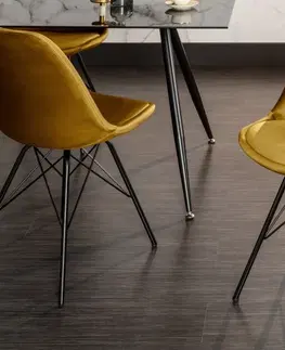 Luxusní jídelní židle Estila Designová hořčicově žlutá jídelní židle Scandinavia se sametovým čalouněním a černými nožičkami z kovu 86cm