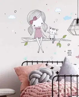 Samolepky na zeď Samolepky do dětského pokoje - INSPIO víla na větvi s kočičkou ve fialovém provedení