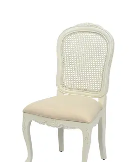 Luxusní jídelní židle Estila Provence masivní bílá jídelní židle Preciosa s látkovou sedací částí a opěradlem z ratanu s mahagonovým tělem 99cm