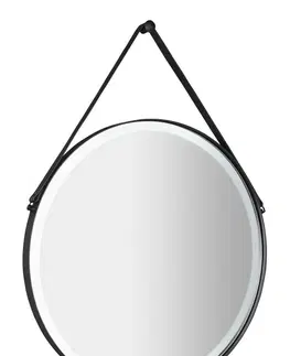 Koupelnová zrcadla SAPHO ORBITER kulaté zrcadlo s LED osvětlením ø 60cm, kožený pásek, černá mat ORL060