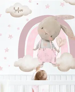 Samolepky na zeď Přelepitelná samolepka nad postýlku pro holčičku - Zajíček s růžovou duhou