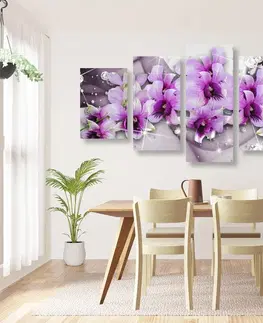 Abstraktní obrazy 5-dílný obraz fialové květy na abstraktním pozadí
