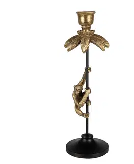 Svícny Černo - zlatý antik svícen ve tvaru palmy s opičkou Monkey - Ø 11*32 cm Clayre & Eef 65147
