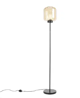 Stojaci lampy Designová stojací lampa černá s jantarovým sklem - Qara