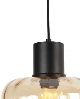 Zavesna svitidla Designová závěsná lampa černá s jantarovým sklem 3-světlo 226 cm - Qara