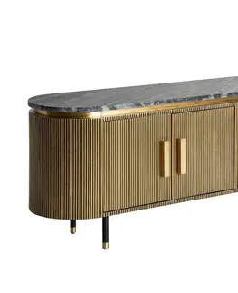 Luxusní a designové televizní stolky Estila Art deco glamour ovální TV stolek Chamoix ve zlatém provedení s kovovou konstrukcí a černou mramorovou deskou 180cm