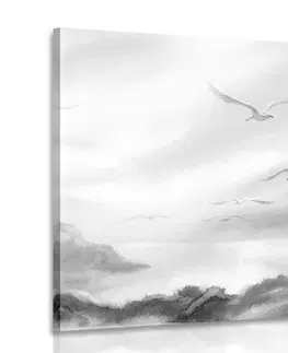 Černobílé obrazy Obraz přelet ptáků přes krajinkou v černobílém provedení