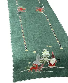 Dekorační ubrusy Vánoční zelená štóla s výšivkou skřítka a sobů